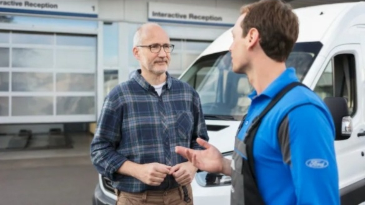 Ford technician talking to a customer about his commercial vehicle